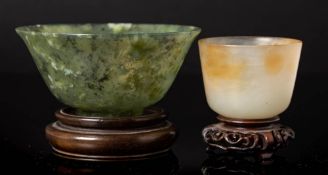 A Chinese jadeite bowl and one other: the first with flared rim,