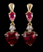 A pair of stone set heart-shaped drop earrings: stamped '375'.