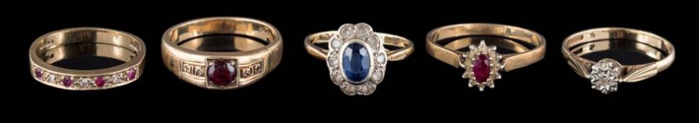 A 9ct gold and blue and white stone-set cluster ring: together with four various 9ct gold and