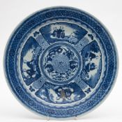 A Chinese porcelain plate: painted in blue and white with four panels containing a pair of seated