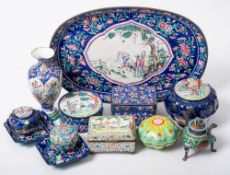 A mixed lot of Canton and other famille rose enamel: including boxes and covers, a tray,