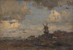 Dutch School early 20th Century- Landscape with cattle and windmill in the foreground,