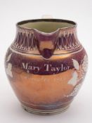 A Staffordshire pink lustre pearlware jug and a graduated set of three mid 19th century English