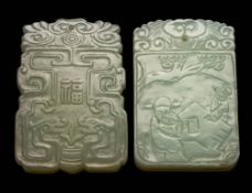 Two Chinese pale celadon jade pendants: of shaped rectangular form,