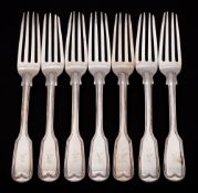 A set of seven Victorian silver double struck Fiddle and Thread pattern dessert forks,