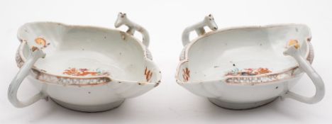 A pair of Chinese famille rose armorial two-handled double-lipped sauceboats: of quatrefoil silver