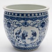 A Chinese blue and white jardiniere: painted with panels of figures and birds on a ground of
