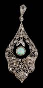 An opal and diamond chip pendant: approximately 50mm long, 3.5gms gross weight.