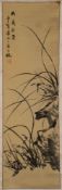 A set of four Chinese scroll paintings, signed Lai Mochun: of chrysanthemum, plum,