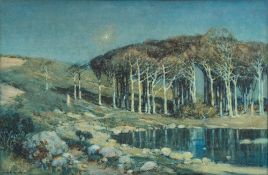Albert Moulton Foweraker [1873-1942]- Moonlight over a copse,:- signed bottom left watercolour,