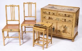 A 1920's/1930's cream and gilt chinoiserie bedroom suite:,
