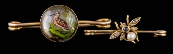 A crystal painted intaglio bar brooch: depicting a long-billed bird and an insect bar brooch.