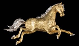 An 18ct gold and diamond-set 'galloping horse' brooch: set with single-cut diamonds,