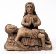 A carved hardstone figure group ' Pieta': bears monogram of a double X, on a naturalistic base,