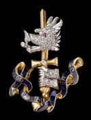 An enamelled 18ct gold and diamond-set brooch depicting the Mitford family crest: - a boar's head