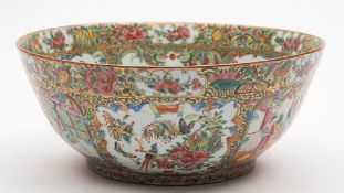 A Chinese Canton famille rose bowl: painted in traditional form with panels of court scenes,