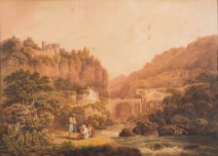 English School circa 1810- An Italianate upland landscape,:- figure group in the foreground,