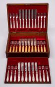A set of twelve silver plated and mother-of-pearl handled fruit knives and forks: contained in an