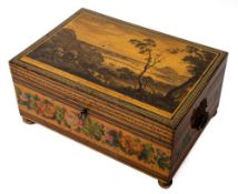 A fine 19th century satinwood and lithograph workbox: of rectangular outline,