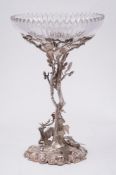 A silver plated table centrepiece: inscribed, with circular clear cut glass fluted bowl,