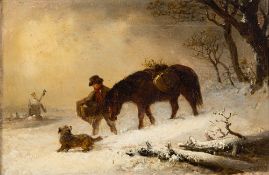 Edward Robert Smythe [1810-1899]- Traveller with pony and dog in a Winter landscape,