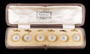 A set of mother of pearl dress studs: the reverse stamped 'G.A.F' in fitted 'Harrods' case.