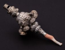 A Victorian silver child's rattle, maker George Unite, Birmingham, 1879: with whistle,