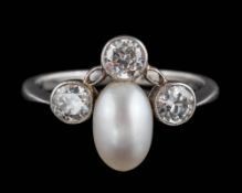 A pearl and diamond four-stone ring: the pearl approximately 8.7mm long x 5.
