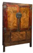 A Chinese grained wood and red stained side cupboard:,