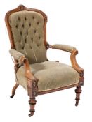 A Victorian walnut and inlaid open armchair:,