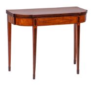 A George III satinwood, mahogany banded and inlaid card table:, of D-shaped breakfront outline,