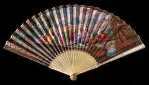 A 19th century ivory and mother of pearl fan: the leaf painted with a women bathing a baby by a