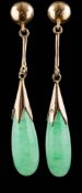 A pair of jade mounted drop earrings: approximately 37mm overall length, 2.5gms gross weight.