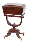 A Regency mahogany and inlaid teapoy of sarcophagus shape, on a stand:,