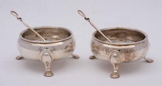 A pair of George II silver cauldron salts, all marks worn and rubbed, London,
