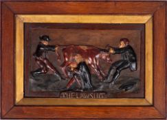 A rectangular painted plaster moulded plaque entitled 'The Law Suit':,