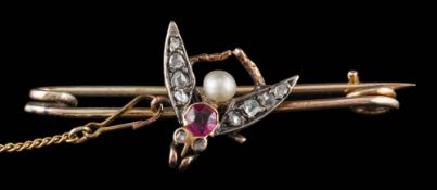 A ruby, rose diamond and pearl fly motif bar brooch: approximately 37mm long.
