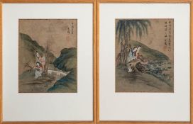 A pair of 19th Century Chinese paintings on silk: 'Two young women under a tree by a river',