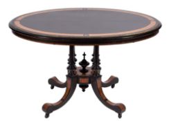 A Victorian ebonised burr walnut, amboyna and gilt decorated oval breakfast or loo table:,
