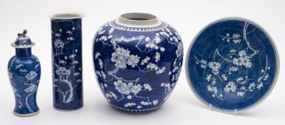A group of Chinese blue and white decorated porcelain: comprising an oviform jar decorated with