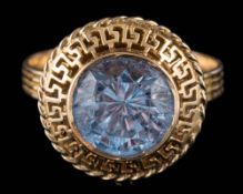 A synthetic blue stone dress ring: the shank stamped 'K14' ring size S.