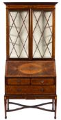 An Edwardian mahogany and inlaid bureau bookcase:, crossbanded in kingwood,