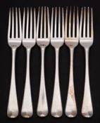 A set of six George III silver Hanoverian pattern table forks, maker,