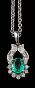 An 18ct gold emerald and diamond pendant: on an 18ct white gold necklet approximately 5gms gross