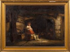 Circle of Haynes King [1831-1904]- Mother and children by a cottage hearth,