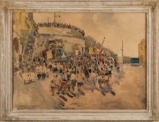 * Guilio Falzoni [1900-1978]- Capri; procession by a fortification,:- signed,