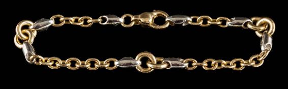 An 18ct gold two-tone, oval-link bracelet: approximately 18.5cm long, 17gms gross weight.