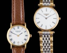 A lady's stainless steel Longines wristwatch: the white enamelled dial with Roman numerals,