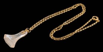 A hardstone seal attached to an oval-link chain: stamped '9K', 8gms weight of chain only.
