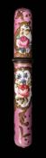 A late 18th century enamel bodkin case: decorated with floral sprays in gilt cartouches reserved on